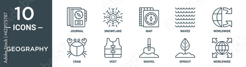 geography outline icon set includes thin line journal, snowflake, map, waves, worldwide, crab, vest icons for report, presentation, diagram, web design