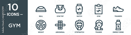 gym outline icon set includes thin line ball, gym top, watch, gym, trainers, weight, abdominal icons for report, presentation, diagram, web design