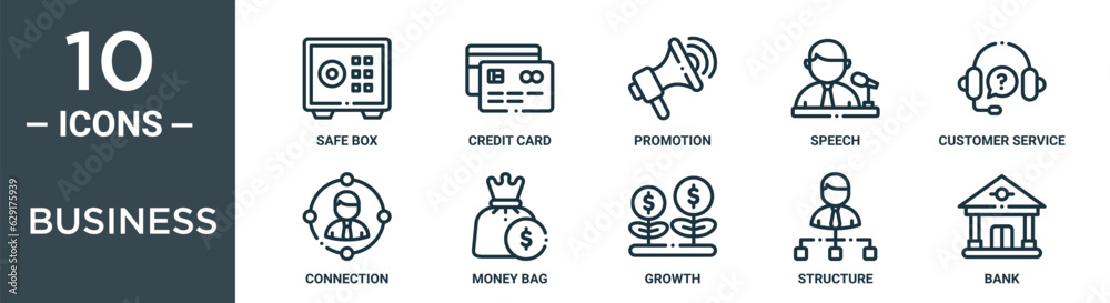 business outline icon set includes thin line safe box, credit card, promotion, speech, customer service, connection, money bag icons for report, presentation, diagram, web design business outline icon set includes thin line safe box, credit card, promotion, speech, customer service, connection, money bag icons for report, presentation, diagram, web design