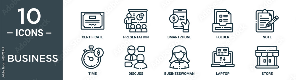 Obraz premium business outline icon set includes thin line certificate, presentation, smartphone, folder, note, time, discuss icons for report, presentation, diagram, web design