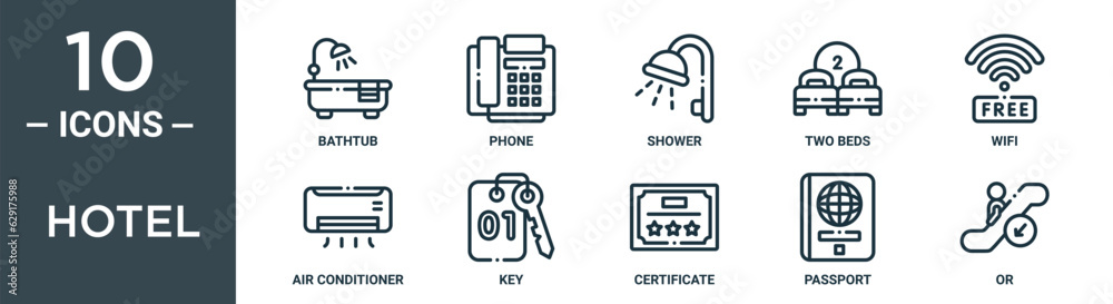 hotel outline icon set includes thin line bathtub, phone, shower, two beds, wifi, air conditioner, key icons for report, presentation, diagram, web design