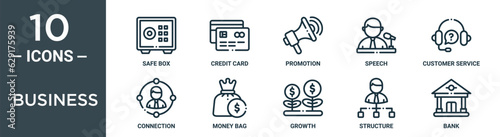 business outline icon set includes thin line safe box, credit card, promotion, speech, customer service, connection, money bag icons for report, presentation, diagram, web design