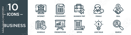 business outline icon set includes thin line internet, spreadsheet, business trip, female, deal, schedule, presentation icons for report, presentation, diagram, web design