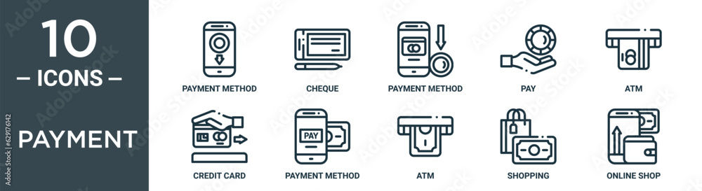 payment outline icon set includes thin line payment method, cheque, payment method, pay, atm, credit card, method icons for report, presentation, diagram, web design