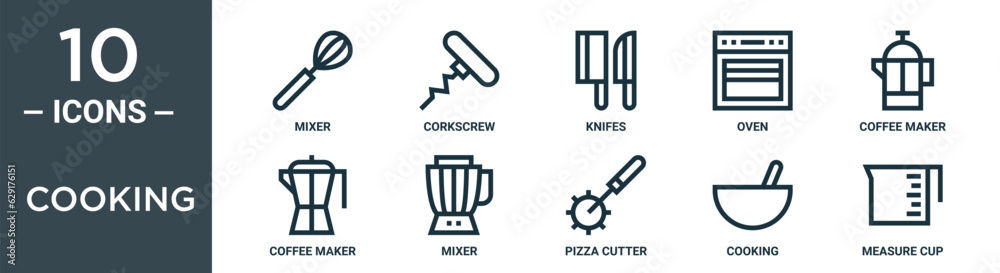 cooking outline icon set includes thin line mixer, corkscrew, knifes, oven, coffee maker, coffee maker, mixer icons for report, presentation, diagram, web design cooking outline icon set includes thin line mixer, corkscrew, knifes, oven, coffee maker, coffee maker, mixer icons for report, presentation, diagram, web design