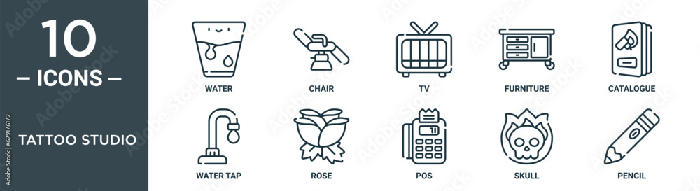 tattoo studio outline icon set includes thin line water, chair, tv, furniture, catalogue, water tap, rose icons for report, presentation, diagram, web design tattoo studio outline icon set includes thin line water, chair, tv, furniture, catalogue, water tap, rose icons for report, presentation, diagram, web design