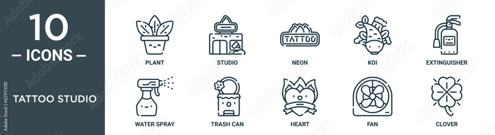 tattoo studio outline icon set includes thin line plant, studio, neon, koi, extinguisher, water spray, trash can icons for report, presentation, diagram, web design tattoo studio outline icon set includes thin line plant, studio, neon, koi, extinguisher, water spray, trash can icons for report, presentation, diagram, web design