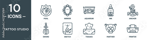 tattoo studio outline icon set includes thin line pool, mirror, aquarium, ink, anchor, sword, sketch icons for report, presentation, diagram, web design
