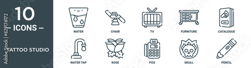 tattoo studio outline icon set includes thin line water, chair, tv, furniture, catalogue, water tap, rose icons for report, presentation, diagram, web design