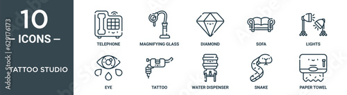 tattoo studio outline icon set includes thin line telephone, magnifying glass, diamond, sofa, lights, eye, tattoo icons for report, presentation, diagram, web design