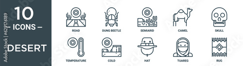 desert outline icon set includes thin line road, dung beetle, semiarid, camel, skull, temperature, cold icons for report, presentation, diagram, web design