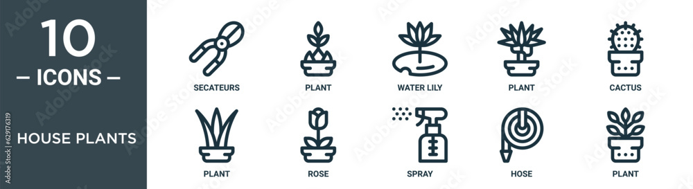 house plants outline icon set includes thin line secateurs, plant, water lily, plant, cactus, plant, rose icons for report, presentation, diagram, web design house plants outline icon set includes thin line secateurs, plant, water lily, plant, cactus, plant, rose icons for report, presentation, diagram, web design