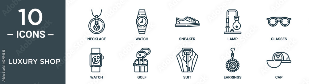 luxury shop outline icon set includes thin line necklace, watch, sneaker, lamp, glasses, watch, golf icons for report, presentation, diagram, web design luxury shop outline icon set includes thin line necklace, watch, sneaker, lamp, glasses, watch, golf icons for report, presentation, diagram, web design