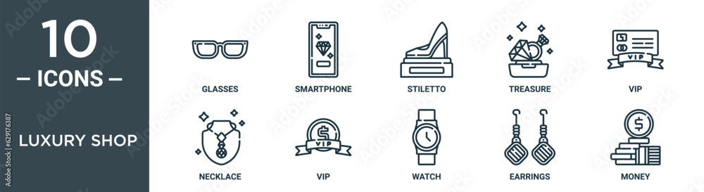 luxury shop outline icon set includes thin line glasses, smartphone, stiletto, treasure, vip, necklace, vip icons for report, presentation, diagram, web design luxury shop outline icon set includes thin line glasses, smartphone, stiletto, treasure, vip, necklace, vip icons for report, presentation, diagram, web design