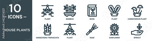 house plants outline icon set includes thin line plant, bamboo, book, plant, carnivorous plant, sansevieria trifasciata, icons for report, presentation, diagram, web design