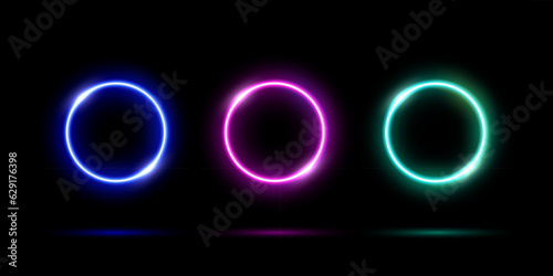 Neon circles set vector illustration. Abstract LED blue, purple and azul rings with gradient light effect and neon glowing, shiny vibrant electric or laser illuminated form for product presentation