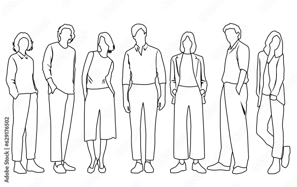 Vector silhouettes of men and a women, a group of standing business people, linear sketch, black and white color isolated on white background Vector silhouettes of men and a women, a group of standing business people, linear sketch, black and white color isolated on white background