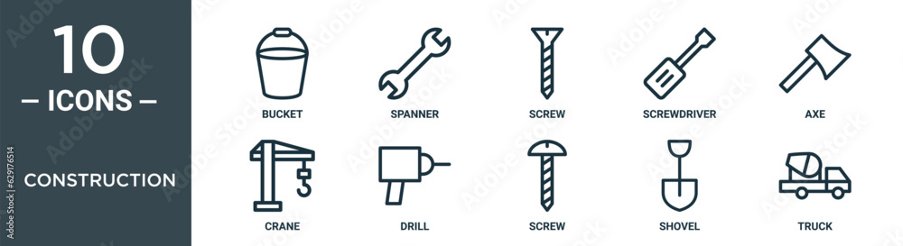 construction outline icon set includes thin line bucket, spanner, screw, screwdriver, axe, crane, drill icons for report, presentation, diagram, web design construction outline icon set includes thin line bucket, spanner, screw, screwdriver, axe, crane, drill icons for report, presentation, diagram, web design