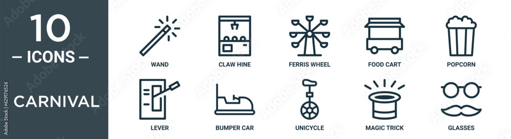 carnival outline icon set includes thin line wand, claw hine, ferris wheel, food cart, popcorn, lever, bumper car icons for report, presentation, diagram, web design