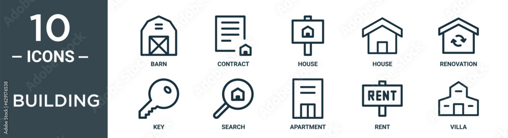 building outline icon set includes thin line barn, contract, house, house, renovation, key, search icons for report, presentation, diagram, web design