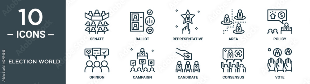 election world outline icon set includes thin line senate, ballot, representative, area, policy, opinion, campaign icons for report, presentation, diagram, web design election world outline icon set includes thin line senate, ballot, representative, area, policy, opinion, campaign icons for report, presentation, diagram, web design