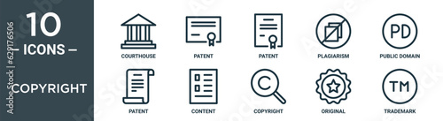 copyright outline icon set includes thin line courthouse, patent, patent, plagiarism, public domain, patent, content icons for report, presentation, diagram, web design