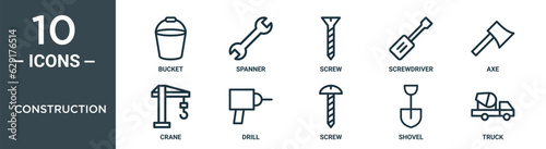 construction outline icon set includes thin line bucket, spanner, screw, screwdriver, axe, crane, drill icons for report, presentation, diagram, web design