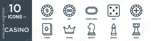 casino outline icon set includes thin line poker chip, bet, poker table, dice, roulette, cards, crown icons for report, presentation, diagram, web design