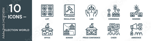election world outline icon set includes thin line list, regulation, law, consensus, nominee, office, border icons for report, presentation, diagram, web design