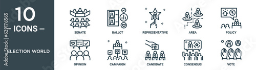 election world outline icon set includes thin line senate, ballot, representative, area, policy, opinion, campaign icons for report, presentation, diagram, web design