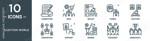 election world outline icon set includes thin line correction, role, ballot, power, election, convention, support icons for report, presentation, diagram, web design