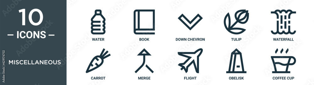 miscellaneous outline icon set includes thin line water, book, down chevron, tulip, waterfall, carrot, merge icons for report, presentation, diagram, web design miscellaneous outline icon set includes thin line water, book, down chevron, tulip, waterfall, carrot, merge icons for report, presentation, diagram, web design