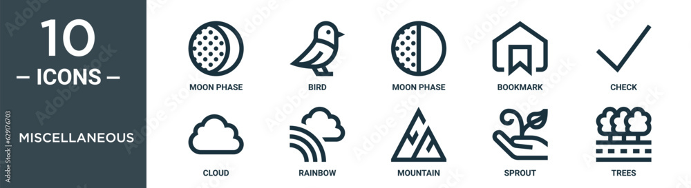 miscellaneous outline icon set includes thin line moon phase, bird, moon phase, bookmark, check, cloud, rainbow icons for report, presentation, diagram, web design miscellaneous outline icon set includes thin line moon phase, bird, moon phase, bookmark, check, cloud, rainbow icons for report, presentation, diagram, web design