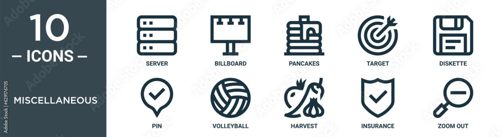 miscellaneous outline icon set includes thin line server, billboard, pancakes, target, diskette, pin, volleyball icons for report, presentation, diagram, web design miscellaneous outline icon set includes thin line server, billboard, pancakes, target, diskette, pin, volleyball icons for report, presentation, diagram, web design