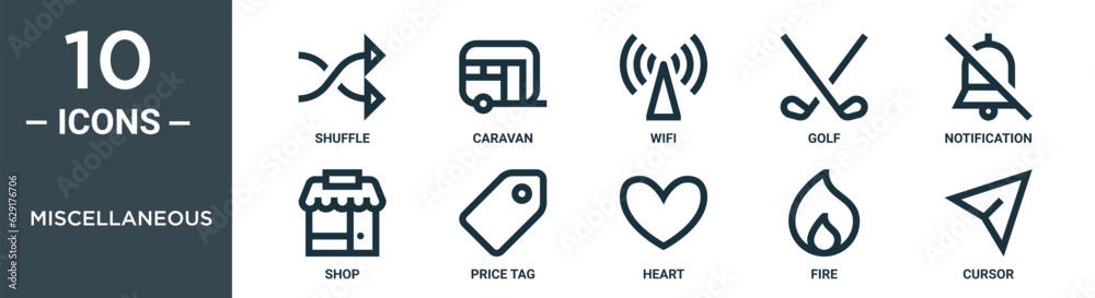miscellaneous outline icon set includes thin line shuffle, caravan, wifi, golf, notification, shop, price tag icons for report, presentation, diagram, web design miscellaneous outline icon set includes thin line shuffle, caravan, wifi, golf, notification, shop, price tag icons for report, presentation, diagram, web design