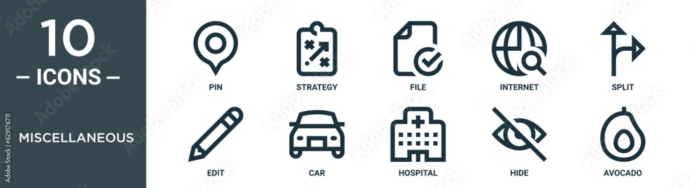 miscellaneous outline icon set includes thin line pin, strategy, file, internet, split, edit, car icons for report, presentation, diagram, web design miscellaneous outline icon set includes thin line pin, strategy, file, internet, split, edit, car icons for report, presentation, diagram, web design