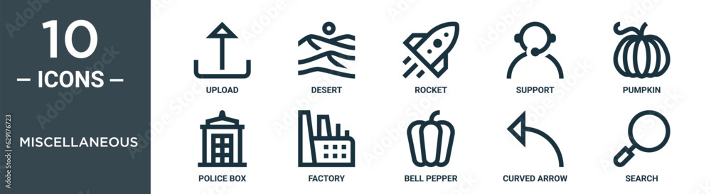 miscellaneous outline icon set includes thin line upload, desert, rocket, support, pumpkin, police box, factory icons for report, presentation, diagram, web design miscellaneous outline icon set includes thin line upload, desert, rocket, support, pumpkin, police box, factory icons for report, presentation, diagram, web design