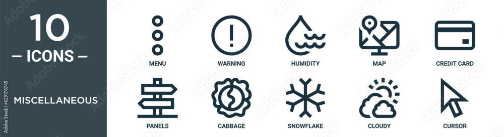 miscellaneous outline icon set includes thin line menu, warning, humidity, map, credit card, panels, cabbage icons for report, presentation, diagram, web design miscellaneous outline icon set includes thin line menu, warning, humidity, map, credit card, panels, cabbage icons for report, presentation, diagram, web design