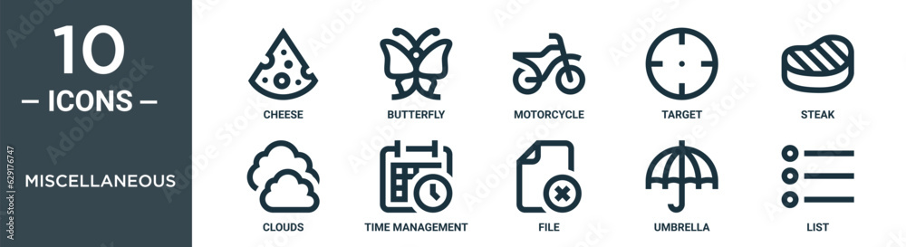miscellaneous outline icon set includes thin line cheese, butterfly, motorcycle, target, steak, clouds, time management icons for report, presentation, diagram, web design miscellaneous outline icon set includes thin line cheese, butterfly, motorcycle, target, steak, clouds, time management icons for report, presentation, diagram, web design