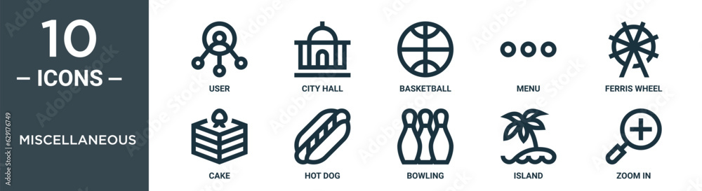 miscellaneous outline icon set includes thin line user, city hall, basketball, menu, ferris wheel, cake, hot dog icons for report, presentation, diagram, web design miscellaneous outline icon set includes thin line user, city hall, basketball, menu, ferris wheel, cake, hot dog icons for report, presentation, diagram, web design