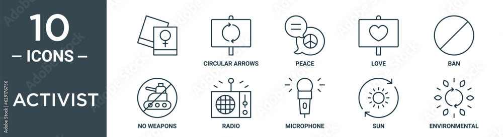 activist outline icon set includes thin line , circular arrows, peace, love, ban, no weapons, radio icons for report, presentation, diagram, web design activist outline icon set includes thin line , circular arrows, peace, love, ban, no weapons, radio icons for report, presentation, diagram, web design
