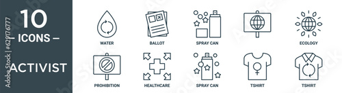 activist outline icon set includes thin line water, ballot, spray can, , ecology, prohibition, healthcare icons for report, presentation, diagram, web design