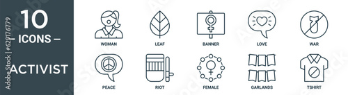 activist outline icon set includes thin line woman, leaf, banner, love, war, peace, riot icons for report, presentation, diagram, web design