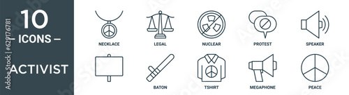 activist outline icon set includes thin line necklace, legal, nuclear, protest, speaker, , baton icons for report, presentation, diagram, web design