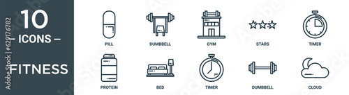 fitness outline icon set includes thin line pill, dumbbell, gym, stars, timer, protein, bed icons for report, presentation, diagram, web design