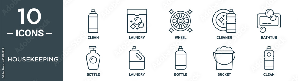housekeeping outline icon set includes thin line clean, laundry, wheel, cleaner, bathtub, bottle, laundry icons for report, presentation, diagram, web design housekeeping outline icon set includes thin line clean, laundry, wheel, cleaner, bathtub, bottle, laundry icons for report, presentation, diagram, web design