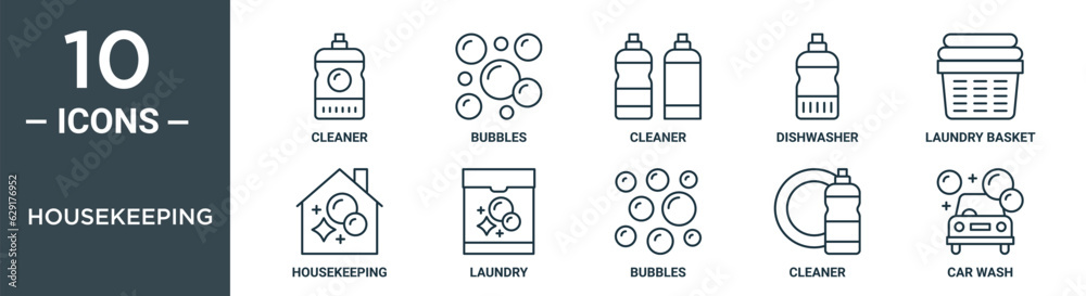 housekeeping outline icon set includes thin line cleaner, bubbles, cleaner, dishwasher, laundry basket, housekeeping, laundry icons for report, presentation, diagram, web design housekeeping outline icon set includes thin line cleaner, bubbles, cleaner, dishwasher, laundry basket, housekeeping, laundry icons for report, presentation, diagram, web design