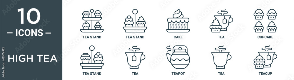 high tea outline icon set includes thin line tea stand, tea stand, cake, cupcake, stand, icons for report, presentation, diagram, web design