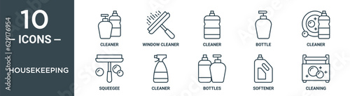 housekeeping outline icon set includes thin line cleaner, window cleaner, cleaner, bottle, squeegee, icons for report, presentation, diagram, web design