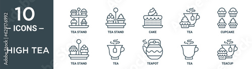 high tea outline icon set includes thin line tea stand, tea stand, cake, cupcake, stand, icons for report, presentation, diagram, web design